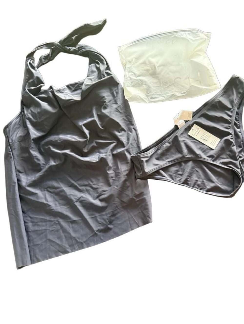 CUPSHE Women's cowl Halter Top tankini Swimsuit Set Dark Grey NEW LARGE